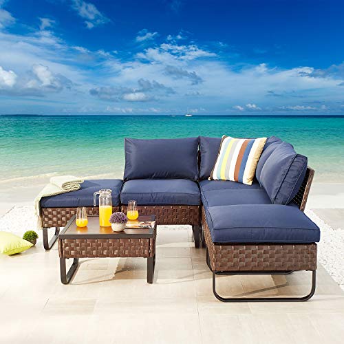 Festival Depot 6 Pieces Patio Conversation Sets Outdoor Furniture Sectional Corner Sofa, All-Weather PE Rattan Wicker Back Chair with Coffee Table Ottoman and Thick Soft Removable Couch Cushions(Blue)