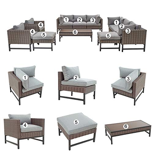 Festival Depot 11 Pieces Outdoor Furniture Patio Conversation Set Combination Sectional Sofa Loveseat All-Weather Wicker Metal Chairs with Seating Back Cushions Side Coffee Table,Gray