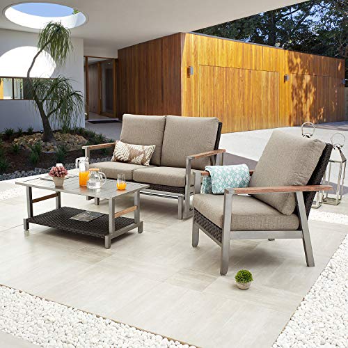 Festival Depot 3pcs Patio Conversation Set Wicker Armchair All Weather Rattan Glider Loveseat with Grey Thick Cushions Coffee Table in Metal Frame Outdoor Furniture for Deck Poolside