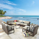 Festival Depot 15Pc Outdoor Furniture Patio Conversation Set Sectional Corner Sofa Chairs All Weather Wicker Ottoman Metal Frame Slatted Coffee Table with Thick Grey Seat Back Cushions Without Pillows