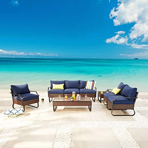 Festival Depot 8 Pcs Patio Conversation Sets Outdoor Furniture Sectional Sofa Loveseat with All-Weather PE Rattan Wicker Chair Coffee Table and Soft Removable Couch Cushions(Blue)