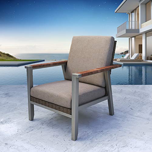 Festival Depot Outdoor Chair Patio Dining Chair with Cushion and Wood Grain Armrest Metal Furniture for Lawn Garden All-Weather