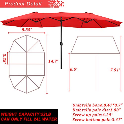 Festival Depot 14.7 ft Patio Outdoor Double-Sided Umbrella Large Twin Market Ventilation Aluminum Crank for Porch, Deck, Backyard and Pool