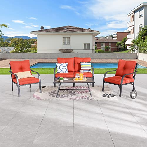 Festival Depot 5 Pcs Patio Conversation Set Sectional Sofa Chair Outdoor Furniture All-Weather Bistro Set with Armchair Left-arm&Right-arm Chair Side Coffee Table for Garden Porch Deck Backyard (Red)
