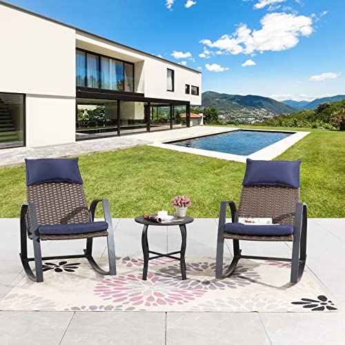 Sports Festival 3-Piece Outdoor Rattan Bistro Chair Set Patio Furniture, 2 Rocking Armchair with Woven Wicker Seat, Cushions and Metal Side Table for Garden, Lawn, Porch, Yard, and Balcony