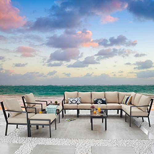 Festival Depot 14-Pieces Patio Outdoor Furniture Conversation Sets Loveseat Sectional Sofa, All-Weather Black X Slatted Back Chair with Coffee Table and Removable Couch Cushions (Beige)