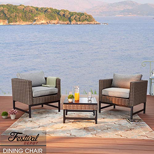 Festival Depot Dining Outdoor Patio Bistro Furniture Armchair with Wicker Rattan Armrest Premium Fabric Comfort & Soft 3.1" Cushions with Metal Slatted Steel Legs for Garden Yard Poolside All-Weather