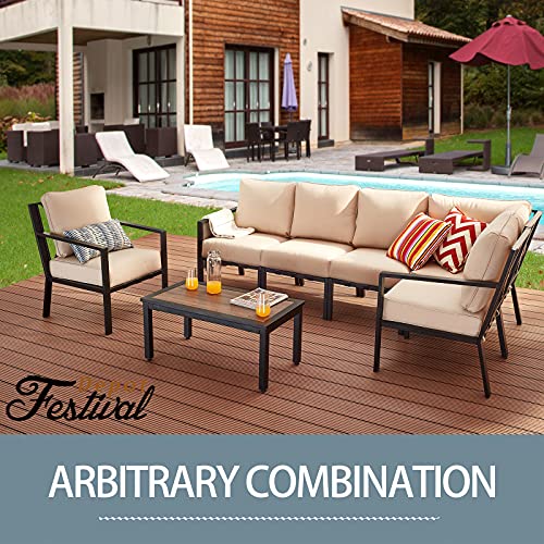 Festival Depot 6 Pieces Patio Furniture Set All-Weather Polyester Fabrics Metal Frame Sofa Outdoor Conversation Set Sectional Corner Couch with Cushions & Coffee Table for Deck Poolside Balcony(Beige)