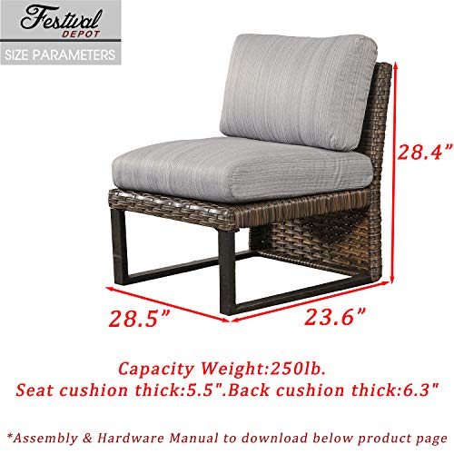 Festival Depot Dining Outdoor Patio Bistro Furniture Armless Section Chairs Wicker Rattan Premium Fabric Soft&Comfortable 5.5" Cushions with Metal Steel Frame Legs for Garden Poolside Lawn All-Weather