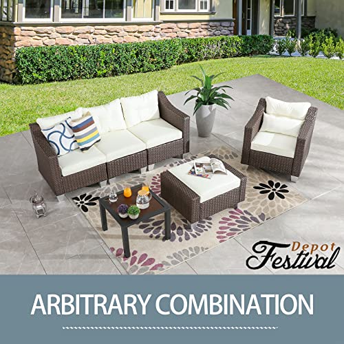 Festival Depot 6 Pcs Patio Conversation Set Outdoor Furniture Combination Sectional Sofa All-Weather PE Wicker Metal Armchairs with Seating Back Cushions Side Coffee Table Ottoman (Beige)