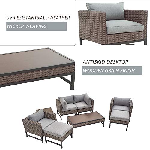 Festival Depot 8 Pieces Patio Conversation Set Outdoor Furniture Combination Sectional Sofa Loveseat All-Weather Woven Wicker Metal Chairs with Seating Back Cushions Side Coffee Table Ottoman, Gray