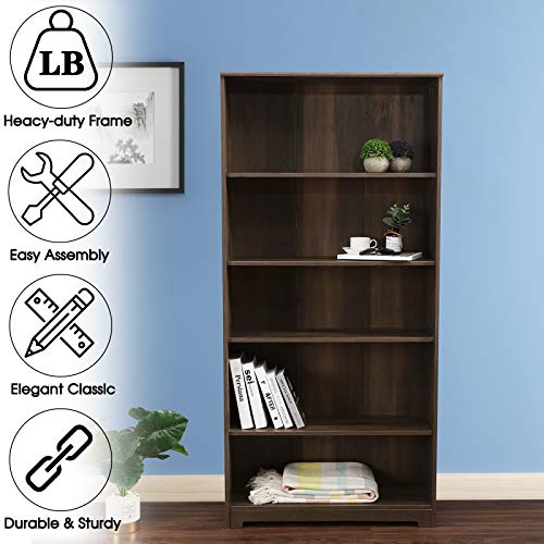 Festival Depot 5-Tier Bookcase Storage Organizer Cabinet Unit 66.3 Inches Height Decor Furniture Bookshelf with Adjustable Shelves Display Rack for Office Living Room