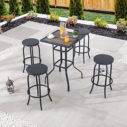 Sports Festival 5 Pcs Patio Bistro Height Set Outdoor Furniture, 4 Backless Bar Stool Chair with a Round Seat, Foot Pedals and Wooden Finish Desktop Metal Frame Steel Square Table for Deck Garden Lawn