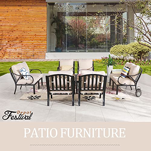 Festival Depot 10pcs Patio Conversation Set Sectional Metal Chairs with Cushions and Coffee Tables All Weather Outdoor Furniture for Garden Backyard, Beige