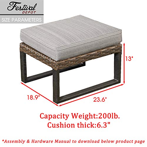 Festival Depot Patio Ottoman Wicker Footstool with Thick Cushion Metal Frame Outdoor Furniture for Deck Yard All Weather (Grey)