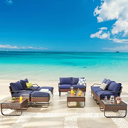 Festival Depot 12 Pcs Patio Conversation Sets Outdoor Furniture Sectional Sofa with All-Weather PE Rattan Wicker Chair,Loveseat Coffee Table and Thick Soft Removable Couch Cushions(Blue)