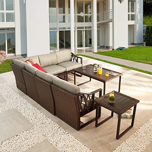 Festival Depot 8pcs Outdoor Furniture Patio Conversation Set Sectional Corner Sofa Chairs All Weather Brown Rattan Wicker Slatted Coffee Table End Table with Grey Thick Seat Back Cushions, Black