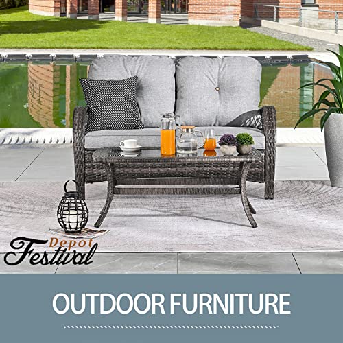Festival Depot 2 Pieces Patio Bistro Set PE Wicker Loveseat with Tempered Glass Top Side Table Outdoor Furniture Conversation Set (Brown Wicker, Grey Cushion)
