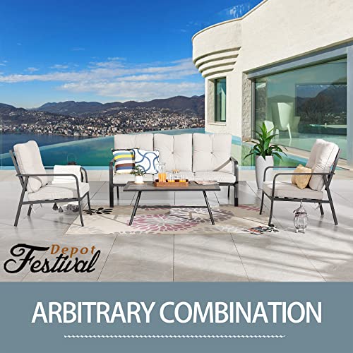 Festival Depot 1 Piece Patio 3-Seats Sofa Outdoor Furniture, All-Weather Loveseat with Curved Armrest, Metal Steel Frame and Detachable Seat & Back Cushion for Porch Balcony Deck Poolside, Beige