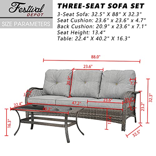 Festival Depot 2 Pieces Patio Bistro Set PE Wicker 3-Seat Sofa Set with Tempered Glass Top Side Table Outdoor Furniture Conversation Set (Brown Wicker, Grey Cushion)