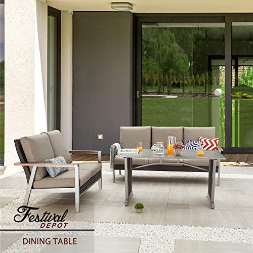 Festival Depot Patio Dining Table Rectangle Wicker Table in Metal Frame with Woven Rattan Outdoor Furniture for Deck Garden Poolside