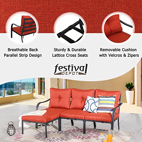 Festival Depot 4 Pcs Patio Conversation Set Sectional Sofa Chair Outdoor Furniture All-Weather Bistro Set with Metal Left&Right-arm Chair Armlesschair Ottoman for Garden Pool Porch Deck Backyard (Red)