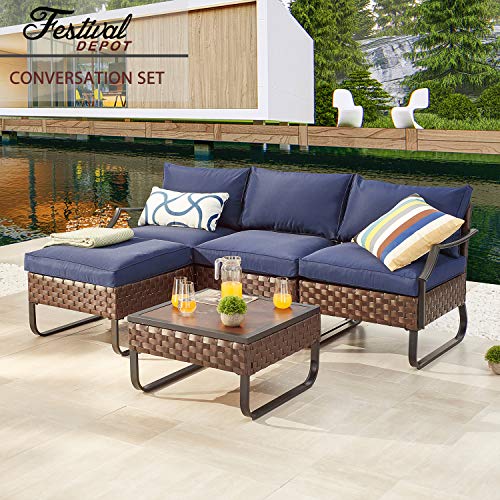 Festival Depot 5 Pieces Patio Outdoor Furniture Conversation Sets Chairs Sectional Sofa, All-Weather Wicker Back Chair with Ottoman Coffee Square Table and Thick Soft Removable Couch Cushions (Blue)