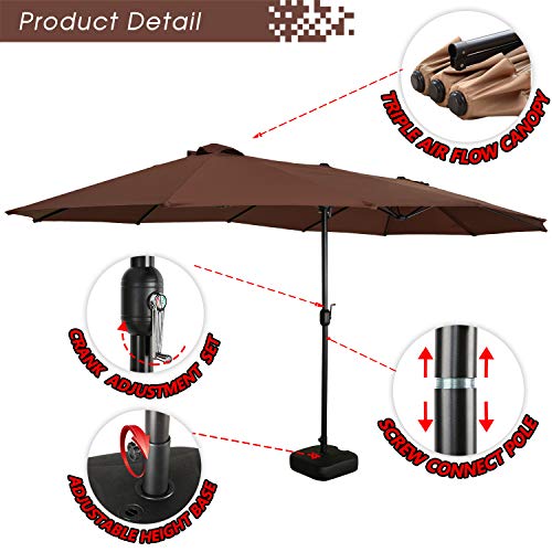 Festival Depot 14.7 ft Patio Outdoor Double-Sided Umbrella Large Twin Market Ventilation Aluminum Crank for Porch, Deck, Backyard and Pool