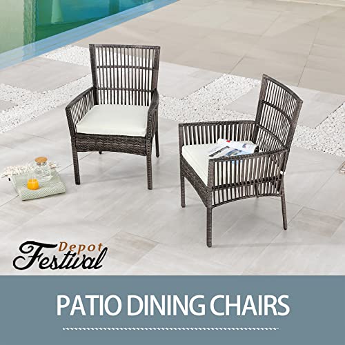Festival Depot 2 Pcs Patio Willow Dining Chairs, All-Weather Wicker Rattan Outdoor Furniture with Metal Frame Soft Cushion for Garden Pool Backyard Lawn (Beige)