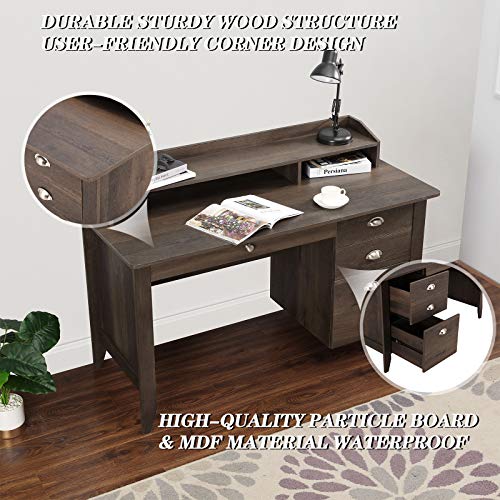 Festival Depot 53" Home Office Desk Writing Computer Desk Vintage Wood Style Laptop Table with Hutch and Sliding Track Drawers for Study Bedroom Workstation