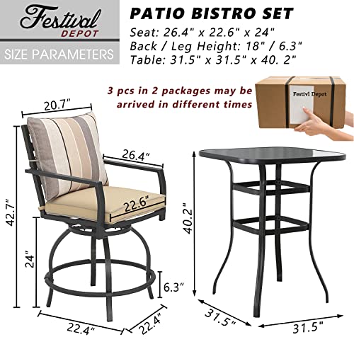 Festival Depot 3 Pcs Outdoor Furniture Bar Stools Set of 2 Swivel Chairs with Cushions and 1 High Bistro Tables with Tempered Glass Tabletop in Metal Frame (Beige)