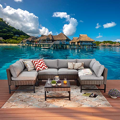 Festival Depot 7 Pieces Patio Outdoor Furniture Conversation Sets Sectional Corner Sofa, Weaving Wicker Chairs with Side Coffee Table and Cushions (Grey)