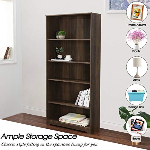 Festival Depot 5-Tier Bookcase Storage Organizer Cabinet Unit 66.3 Inches Height Decor Furniture Bookshelf with Adjustable Shelves Display Rack for Office Living Room