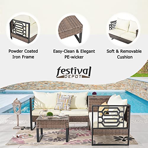 Festival Depot Patio Conversation Set, PE Wicker Four-Seater Corner Conjoined Storage Box Sofa Set, All-Weather Outdoor Furniture with Cushions Rattan Coffee Table for Backyard Garden Indoor (Beige)