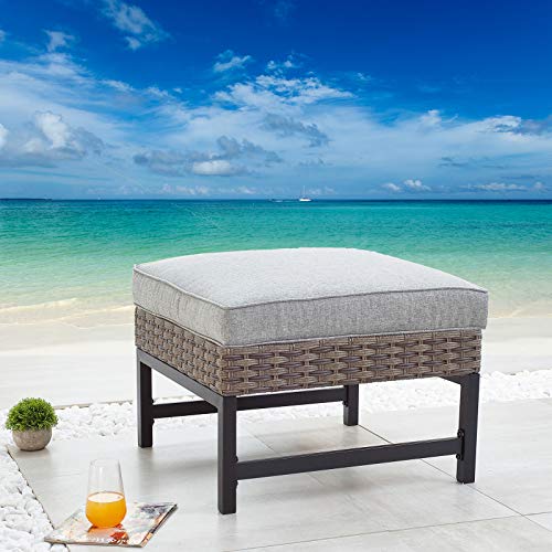 Festival Depot Patio Ottoman Square Wicker Footstool with Cushion for Foot Rest in Metal Frame All Weather Outdoor Furniture for Garden Yard Lawn