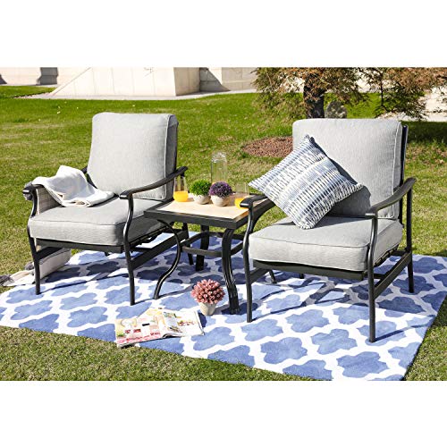 Festival Depot 3-Piece Patio Bistro Set Metal Dining Chairs with Thick Cushions and Ceramic Top Side Table All Weather Outdoor Furniture, Gray