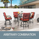 Festival Depot 5 Pcs Outdoor Furniture Bar Stools Set of 4 Swivel Chairs with Cushions and 1 High Bistro Tables with Tempered Glass Tabletop in Metal Frame (Red)