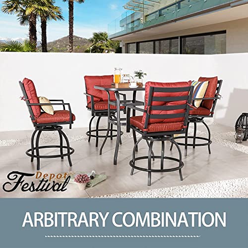 Festival Depot 5 Pcs Outdoor Furniture Bar Stools Set of 4 Swivel Chairs with Cushions and 1 High Bistro Tables with Tempered Glass Tabletop in Metal Frame (Red)