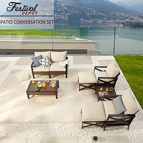 Festival Depot 8 Pcs Patio Outdoor Furniture Conversation Set Sectional Corner Sofa with All-Weather Brown PE Rattan Wicker Back Chair, Ottoman, Coffee Side Table and Removable Couch Cushions