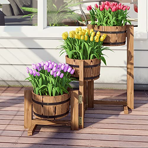 Festival Depot Patio Outdoor Planter Rustic Tri-Tier Wooden Flower Pot Shelf with Buckets Garden Decorative Barrel Stand for FD15113 FD15113