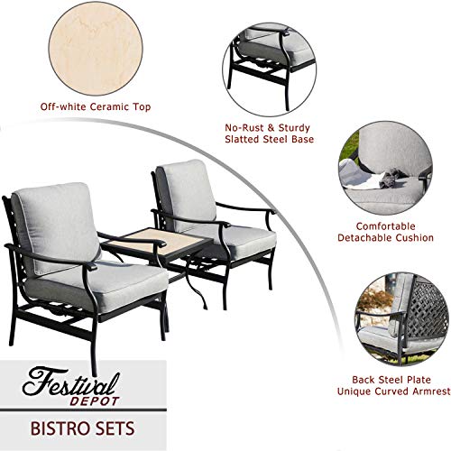 Festival Depot 3-Piece Patio Bistro Set Metal Dining Chairs with Thick Cushions and Ceramic Top Side Table All Weather Outdoor Furniture, Gray