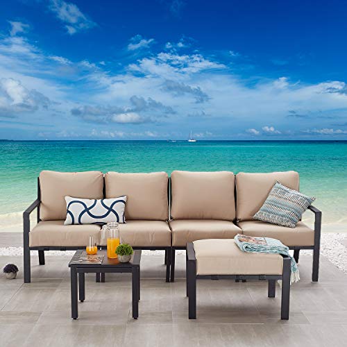 Festival Depot 6-Pieces Patio Outdoor Furniture Conversation Sets Sectional Sofa, All-Weather Black Slatted Back Chairs with Coffee Square Table, Ottoman and Thick Soft Removable Couch Cushions(Beige)