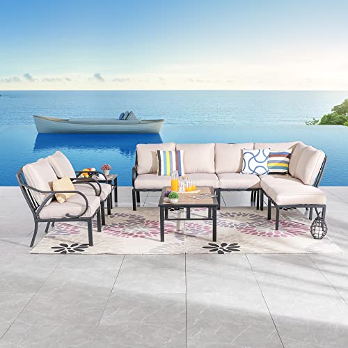 Festival Depot 10 Pieces Patio Conversation Set Sectional Sofa Corner Armchair Ottoman with Thick Cushions and Side Coffee Table All Weather Metal Outdoor Furniture for Deck Garden, Beige