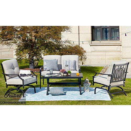 Festival Depot 4 Pieces Dining Outdoor Patio Bistro Furniture Loveseat Armchairs Set with Comfortable&Soft Cushions Premium Fabric with Curved Armrest with Slatted Steel Coffee Table Metal Frame,White