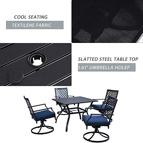Festival Depot Patio Dining Set 5-Piece Outdoor Metal Furniture Set, 4 Swivel Chairs and 1 Square Dining Table with 1.61" Umbrella Hole for Porch Lawn Garden Balcony Pool Backyard, Black
