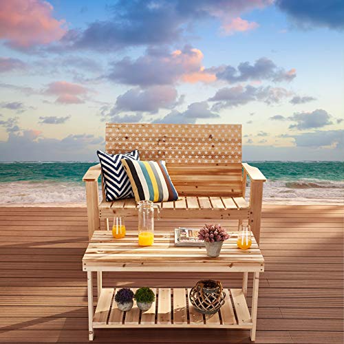 Festival Depot 2 Pieces Patio Furniture Outdoor Conversation Set Wood Armrest Loveseat Chair Stars and Strips Printing Dining Coffee Side Table