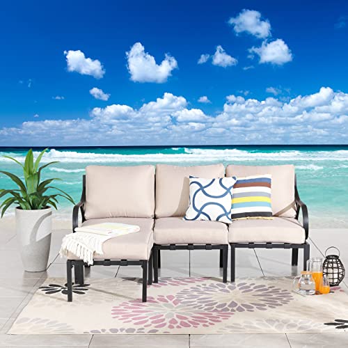 Festival Depot 4 Pieces Patio Conversation Set Sectional Chair Ottoman with Thick Cushions All Weather Metal Outdoor Furniture for Deck Balcony, Beige