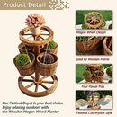 Festival Depot Rustic Outdoor Patio Furniture Wooden Wagon Barrel Flower Planter Pot Stand with Wheel, Buckets for Garden Backyard, Wood