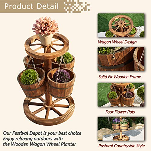 Festival Depot Rustic Outdoor Patio Furniture Wooden Wagon Barrel Flower Planter Pot Stand with Wheel, Buckets for Garden Backyard, Wood