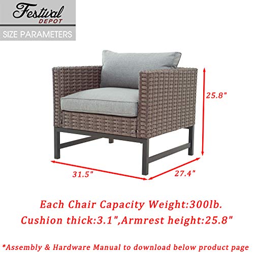 Festival Depot Dining Outdoor Patio Bistro Furniture Armchair with Wicker Rattan Armrest Premium Fabric Comfort & Soft 3.1" Cushions with Metal Slatted Steel Legs for Garden Yard Poolside All-Weather